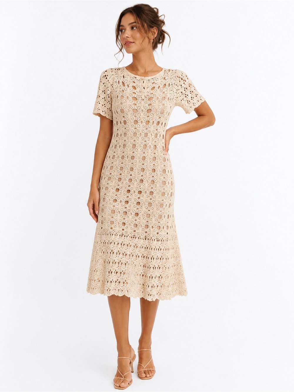 J M Pink Hand Crochet Cotton Dress Cream Boho Cottagecore Size S
